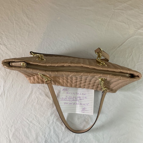 Karl Lagerfeld Paris Karolina Leather Tote Bag Tan Quilted Gold Chain Strap - Picture 9 of 15